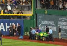 Pirates fan ‘awake and alert’ after crashing onto field in fall