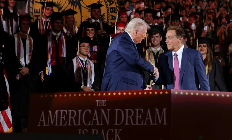 Trump praises Alabama athletics at commencement Trump praises Alabama athletics at commencement